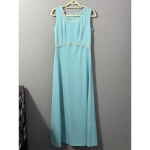 Vintage 60s 70s Dress Womens Size 14 Maxi Hostess Blue Long Empire Waist‎ Lace